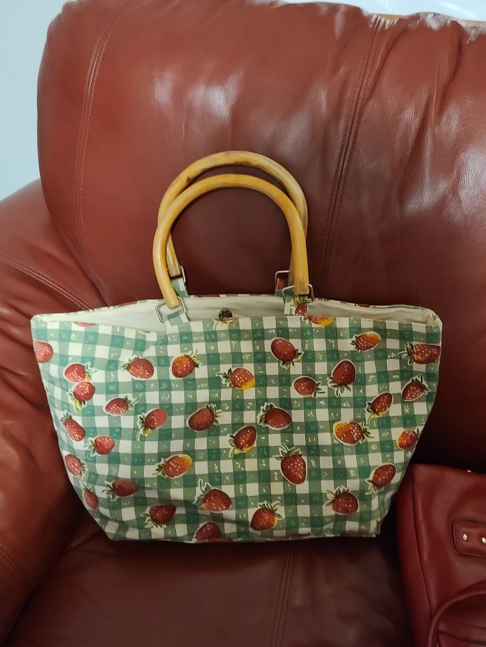 Strawberry Print Green Check Tote Bag with Bamboo Handles